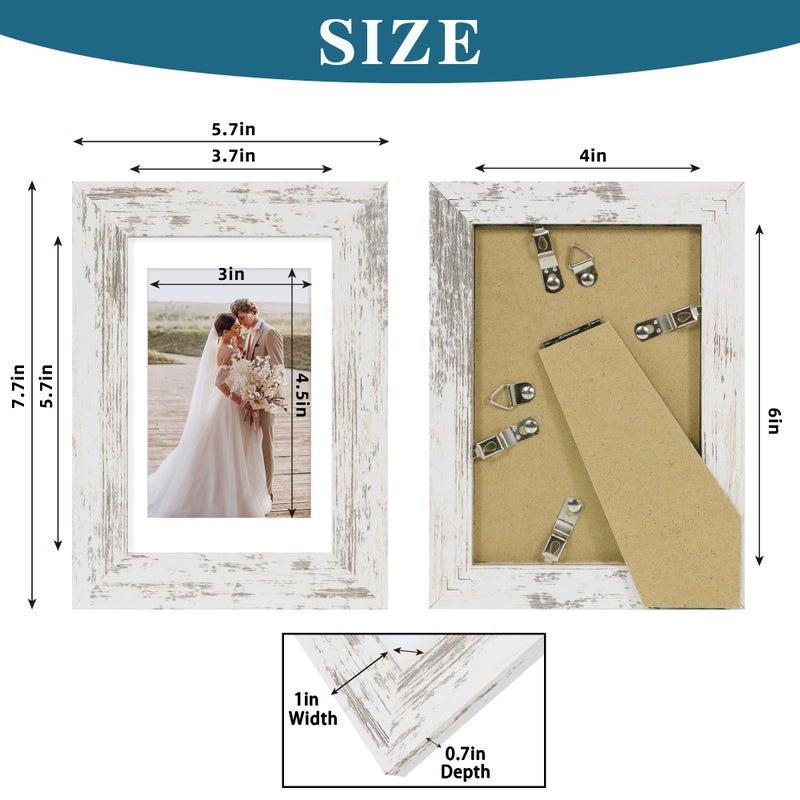 Hongkee 4x6 Picture Frame Set of 4, Made of Real Glass and Distressed White Wooden Frame, 4 by 6 Photo for Wall or Tabletop - Display Picture 3.5x5 with Mat or 4x6 Without Mat - Image 3
