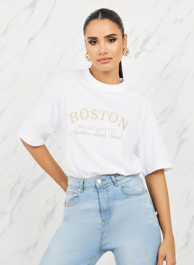 Styli Styli Oversized Boston Slogan Embroidered Round Neck T-shirt