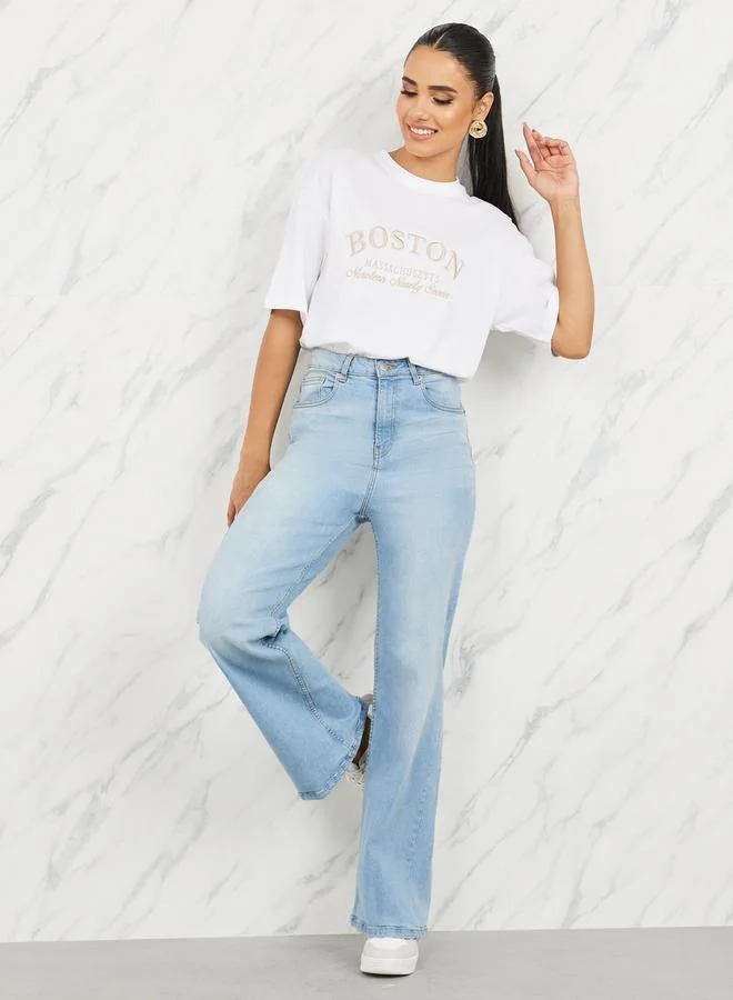 Styli Styli Oversized Boston Slogan Embroidered Round Neck T-shirt