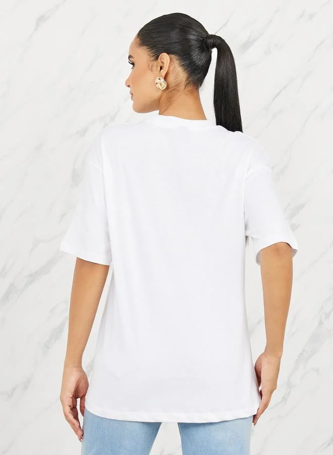 Styli Styli Oversized Boston Slogan Embroidered Round Neck T-shirt