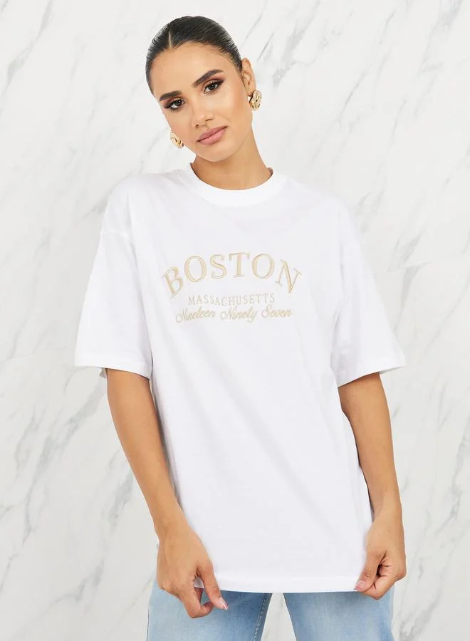 Styli Styli Oversized Boston Slogan Embroidered Round Neck T-shirt