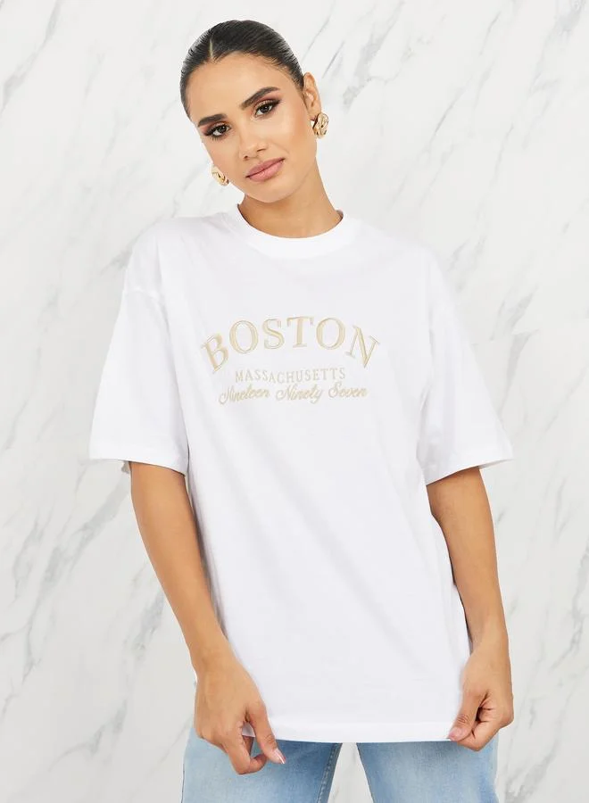 Styli Styli Oversized Boston Slogan Embroidered Round Neck T-shirt