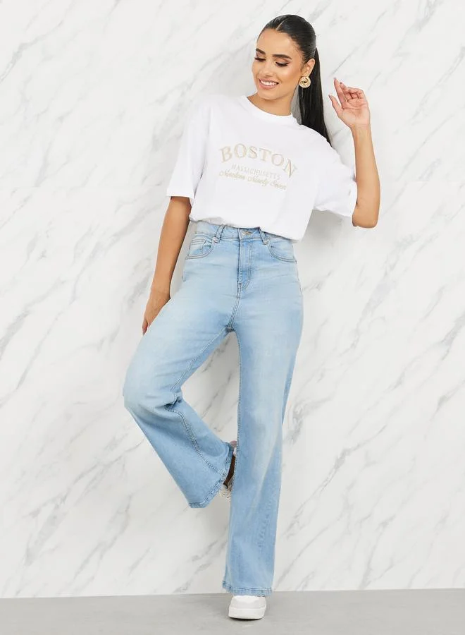 Styli Styli Oversized Boston Slogan Embroidered Round Neck T-shirt