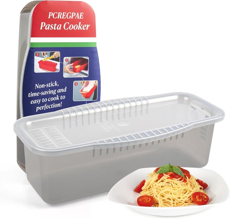 PCREGPAE Microwave Pasta Pot with Strainer Lid & Measuring Cup Clip Quickly Cook 1-4 Servings-No Mess, Sticking or Waiting For Boil, Pasta Cooker in Microwave for Dorm Kitchen Office College Essential - Image 1