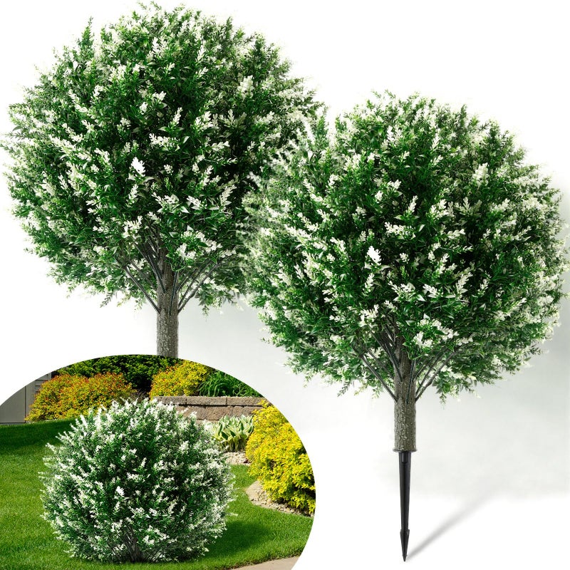 Lunmon 2 Pack 24" Artificial Topiary Ball Plants Trees with Flowers, Outdoor Fake Topiary Plants with Ground Spike, UV Resistant Faux Bushes for Indoor Outdoor Front Door Decor(White,Lavender) - Image 1