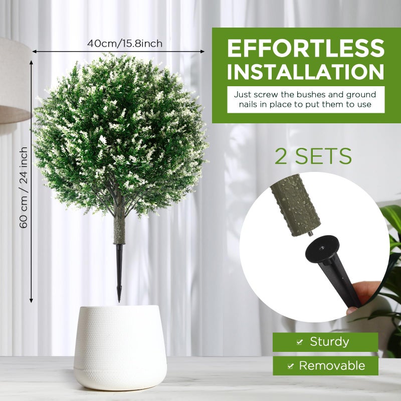 Lunmon 2 Pack 24" Artificial Topiary Ball Plants Trees with Flowers, Outdoor Fake Topiary Plants with Ground Spike, UV Resistant Faux Bushes for Indoor Outdoor Front Door Decor(White,Lavender) - Image 2