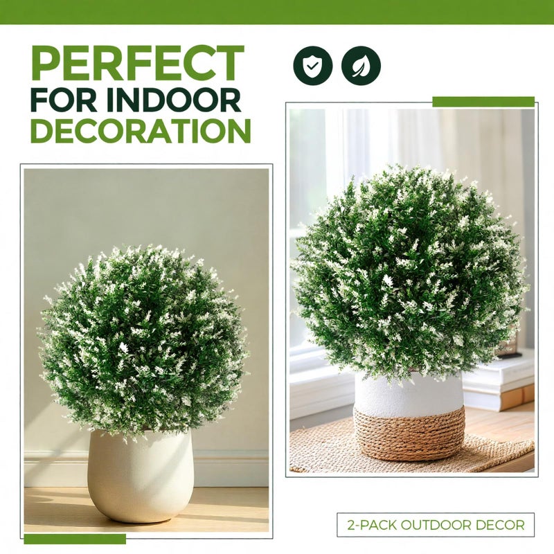Lunmon 2 Pack 24" Artificial Topiary Ball Plants Trees with Flowers, Outdoor Fake Topiary Plants with Ground Spike, UV Resistant Faux Bushes for Indoor Outdoor Front Door Decor(White,Lavender) - Image 3
