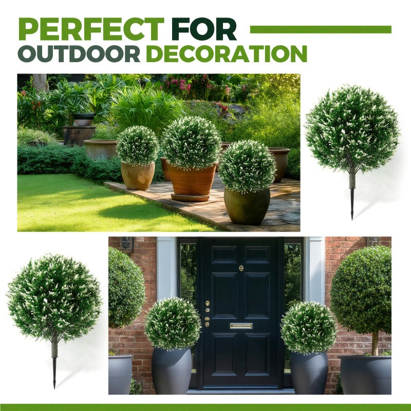 Lunmon 2 Pack 24" Artificial Topiary Ball Plants Trees with Flowers, Outdoor Fake Topiary Plants with Ground Spike, UV Resistant Faux Bushes for Indoor Outdoor Front Door Decor(White,Lavender) - Image 5