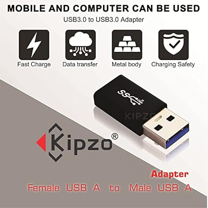 KIPZO USB MALE TO USB FEMALE CONNECTOR USB 3.0 TO 3.1 ADAPTER USB TO USB MALE TO FEMALE JOINTER COUPLER EXTENDER USB 3.1 GEN 2 SUPER SPEED CHARGING AND UPTO 10GBPS TRANSFER SPEED TYPE A - Image 3