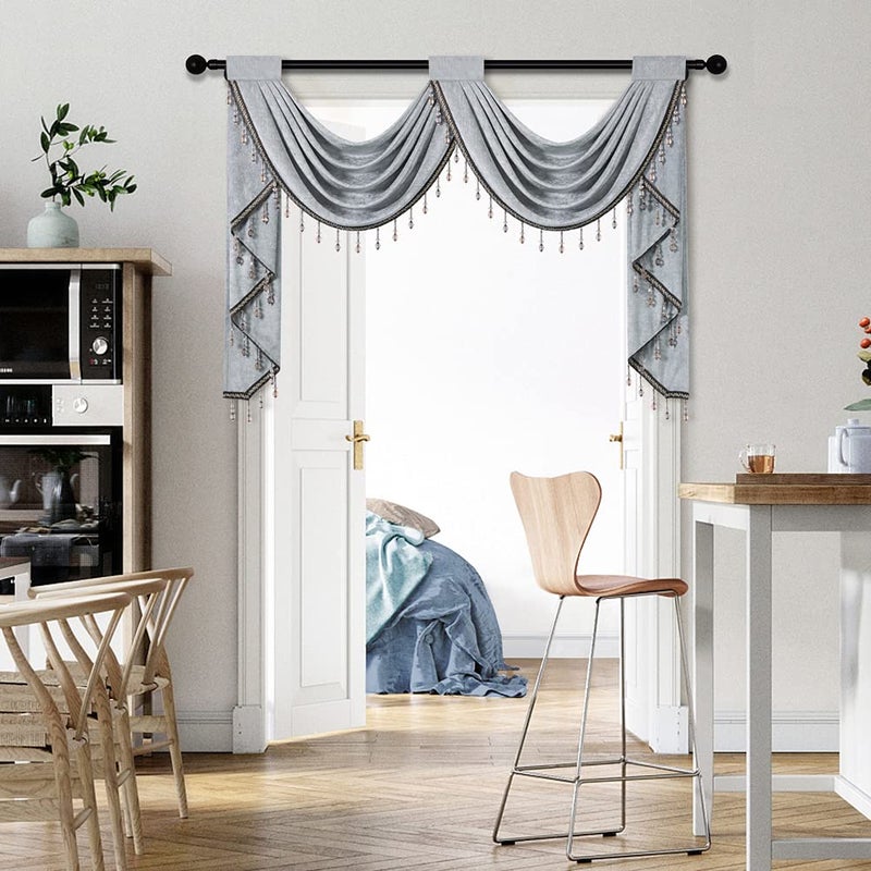 ELKCA Silver Grey Chenille Waterfall Valance for Living Room with Beads 2 Hollow Swag Valance for Bedroom Rod Pocket 1 Panel