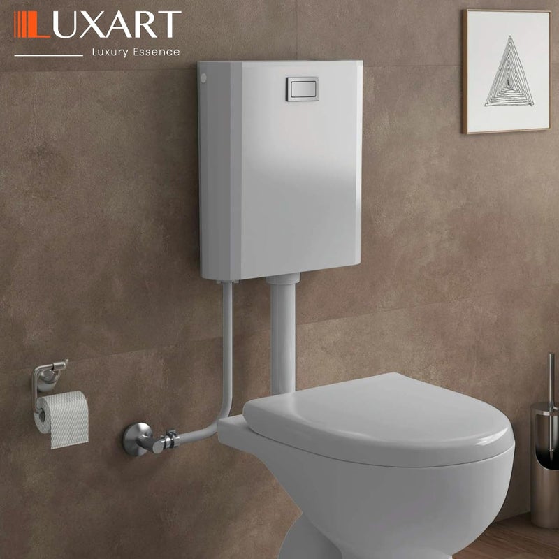 LUXART خزان تواليت لكسارت 8 لتر بتصميم نحيف مثبت على الحائط باللون الأبيض مع زر دفع أمامي ونظام تدفق كامل مع معطر هواء مجموعة كاملة 355L x 11W x 385H CM - Image 2