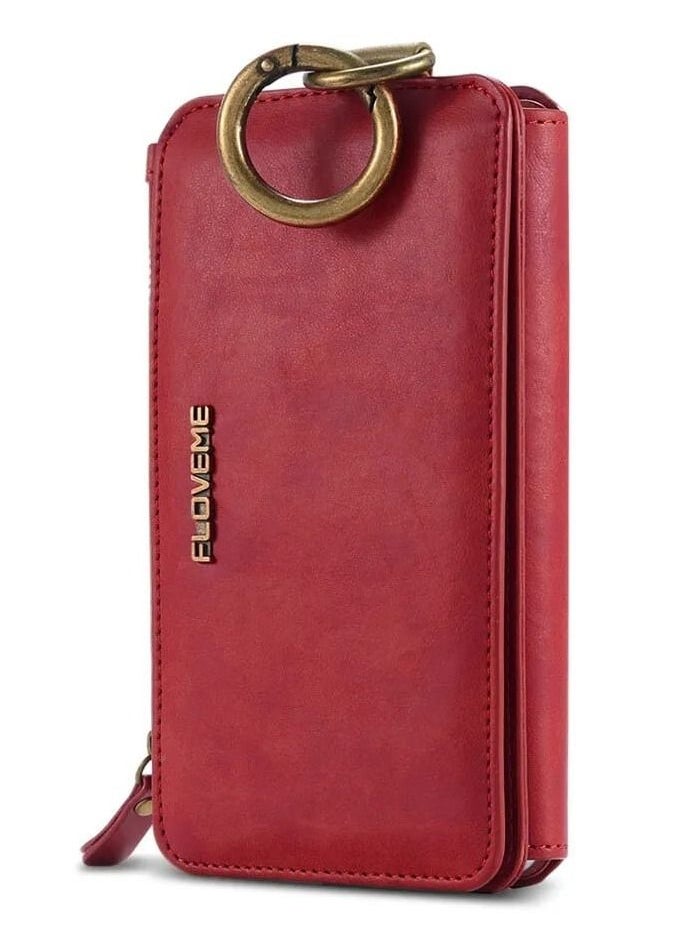 FLOVEME iPhone 6 / iPhone 7 / iPhone 8 2in1 Multi-functional Luxury Leather Wallet Case with 14 Card Slots + 1 Zipper Coin Pouch (Phone 6/7/8 4.7 inch) Red  - Image 1