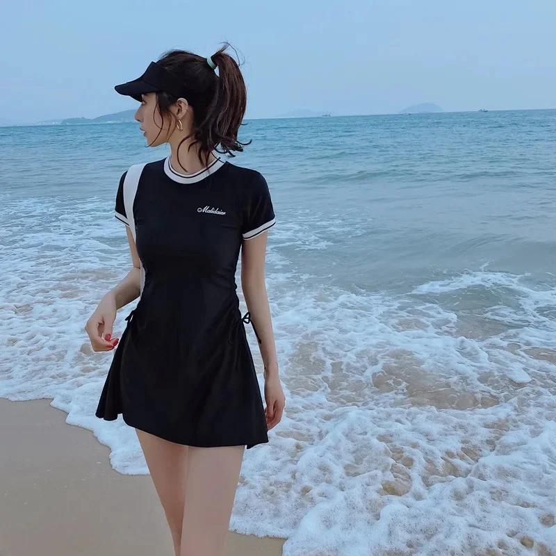Swimsuit Women's Split Conservative Student Skirt Style Slimming Look Korean Ins Sports Super Fairy Hot Spring Swimsuit 2025 New Style(Black, XL) - Image 4