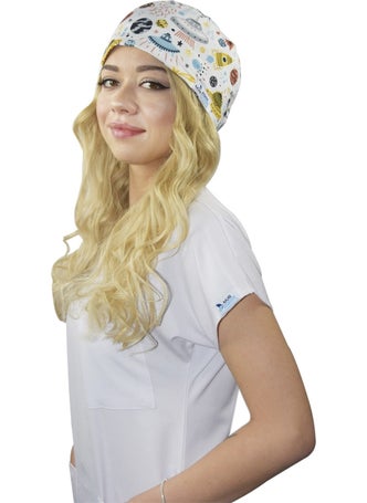 Nur Medikal Giyim Nur Medical Clothing Master Lycra White Planet Patterned Doctor Nurse Hospital Surgical Cap  - Image 1