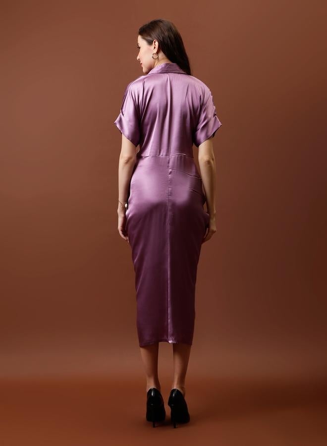Athena Athena Satin Shirt Midi Dress with Pleated Detail - Image 1