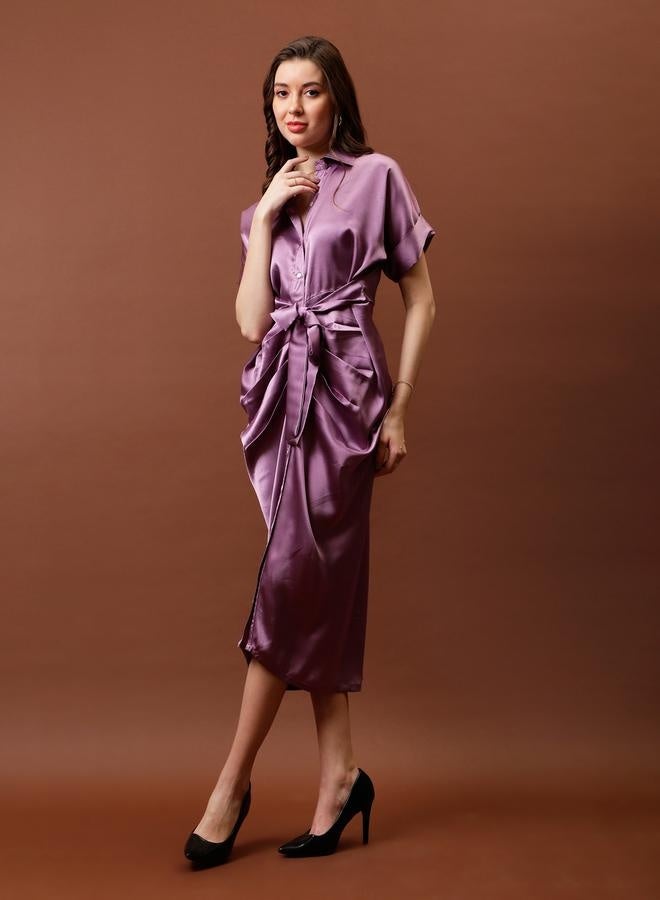 Athena Athena Satin Shirt Midi Dress with Pleated Detail - Image 4