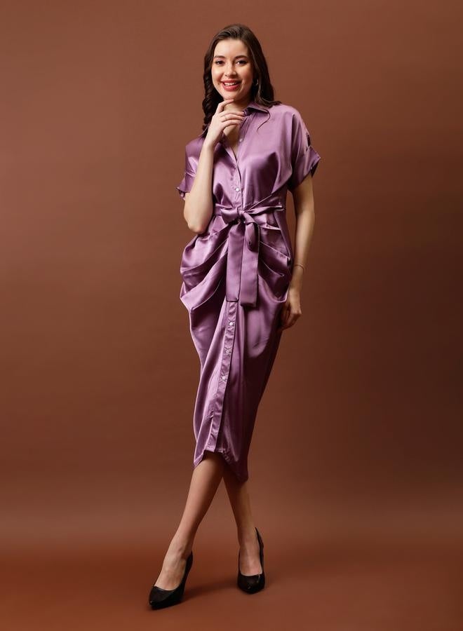 Athena Athena Satin Shirt Midi Dress with Pleated Detail - Image 2