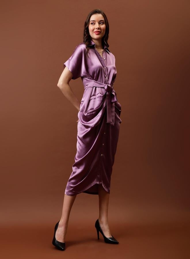 Athena Athena Satin Shirt Midi Dress with Pleated Detail - Image 3