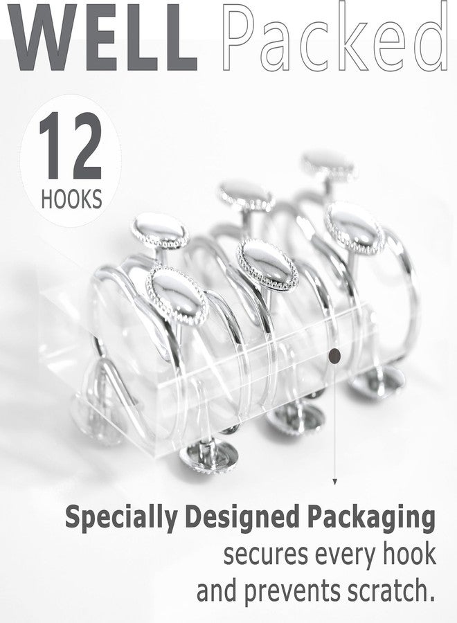Popkozzi Silver Decorative Shower Curtain Hooks: 12 Pcs Chrome Oval Design Rustproof Heavy Duty Metal Shower Curtain Rings for Bathroom - Classic Elegant Shower Curtain Hangers for Shower Rod - Set of 12 - Image 3
