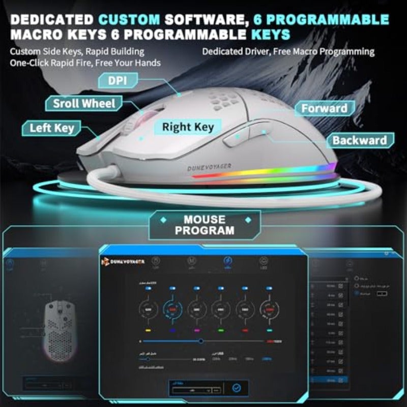 Honeycomb Design Macro Programming Gaming Mouse 1-12800 DPI Adjustable Lightweight 16.8 Million RGB Lighting 7 Programmable Buttons Macro Support Ergonomic Design GE5 White - Image 3