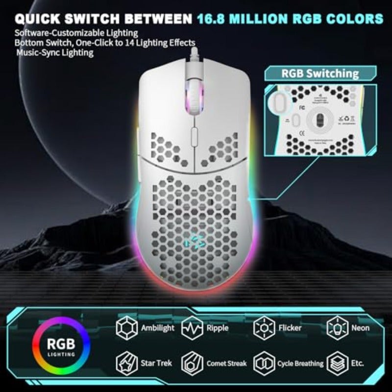 Honeycomb Design Macro Programming Gaming Mouse 1-12800 DPI Adjustable Lightweight 16.8 Million RGB Lighting 7 Programmable Buttons Macro Support Ergonomic Design GE5 White - Image 4