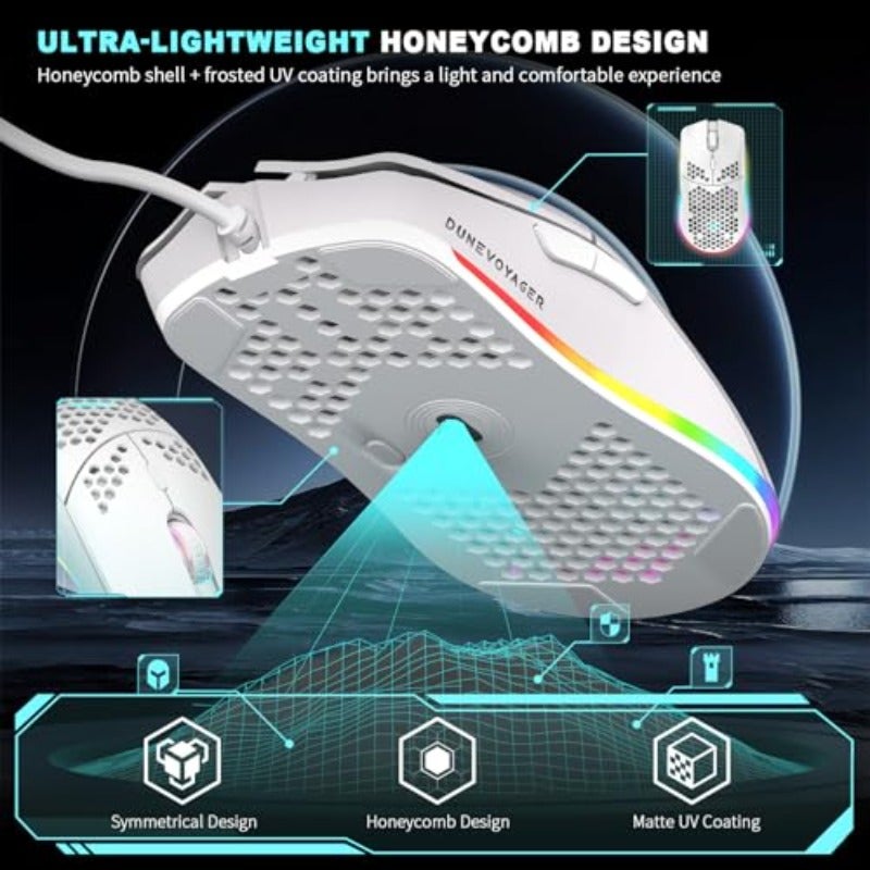 Honeycomb Design Macro Programming Gaming Mouse 1-12800 DPI Adjustable Lightweight 16.8 Million RGB Lighting 7 Programmable Buttons Macro Support Ergonomic Design GE5 White - Image 5
