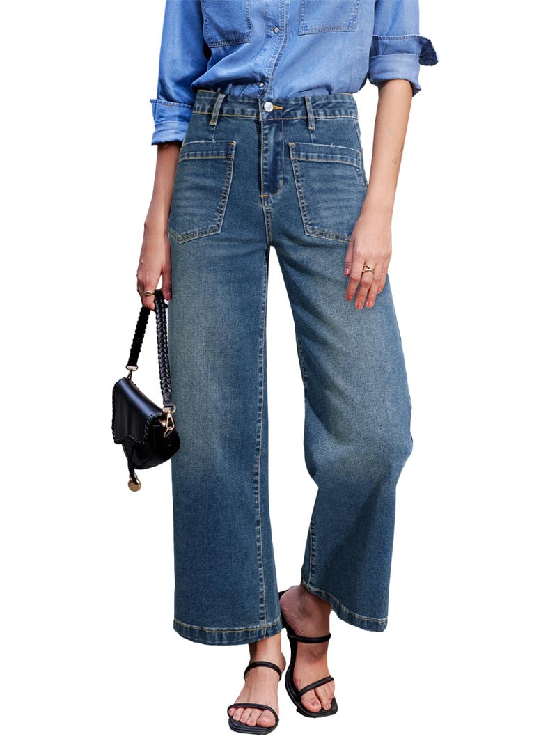 Sidefeel Women's Wide Leg Jeans High Waisted Straight Leg Stretchy Jeans Trendy Loose Ankle Denim Pants Vintage Blue Size 14 - Image 1