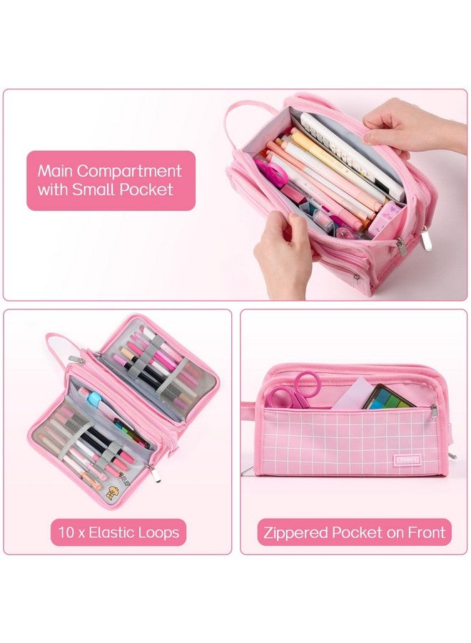 Sooez Large Pencil Case, Big Capacity Pencil Pouch Pen Bag with 3 Compartment, Portable Canvas Stationery Organizer with Zipper, Cute Aesthetic School Supplies for Teen Girls, Purple with Plaid - Image 3