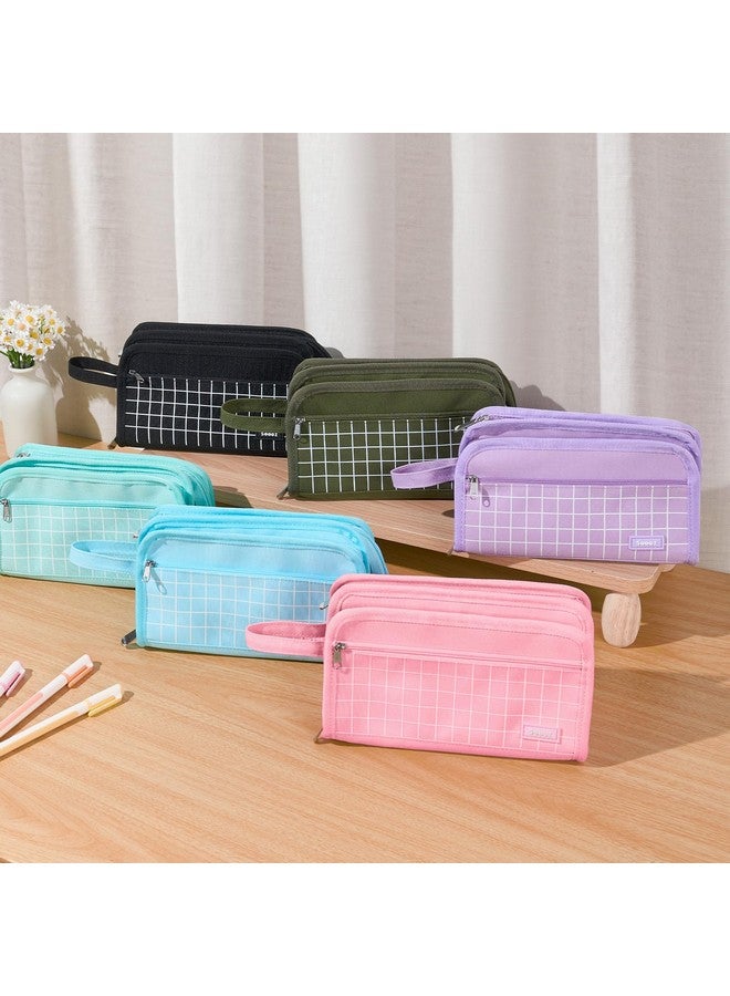 Sooez Large Pencil Case, Big Capacity Pencil Pouch Pen Bag with 3 Compartment, Portable Canvas Stationery Organizer with Zipper, Cute Aesthetic School Supplies for Teen Girls, Purple with Plaid - Image 2