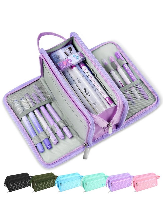 Sooez Large Pencil Case, Big Capacity Pencil Pouch Pen Bag with 3 Compartment, Portable Canvas Stationery Organizer with Zipper, Cute Aesthetic School Supplies for Teen Girls, Purple with Plaid - Image 1