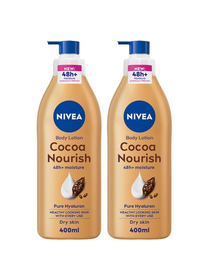 NIVEA Cocoa Nourish Body Lotion Pack of 2 x 400ml | 48H Deep Moisture Hydration Cream for Dry Skin | Vitamin E & Hyaluron Nourishing Fast Absorbing Body Lotion Value Bundle