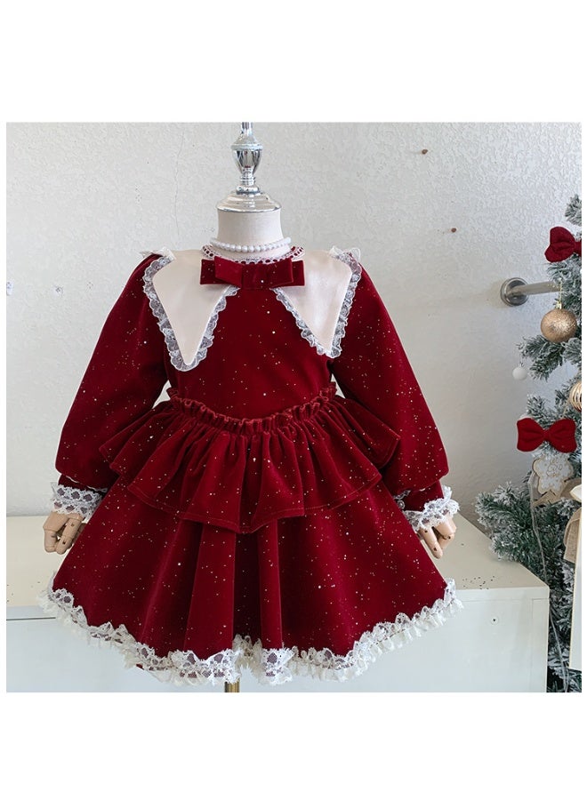 Girls' Autumn and Winter  Shiny Velvet Korean Thickened Fleece-lined New Year Princess Dress - Image 3