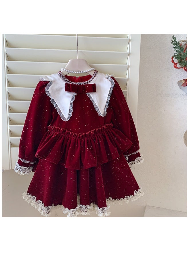 Girls' Autumn and Winter  Shiny Velvet Korean Thickened Fleece-lined New Year Princess Dress - Image 1