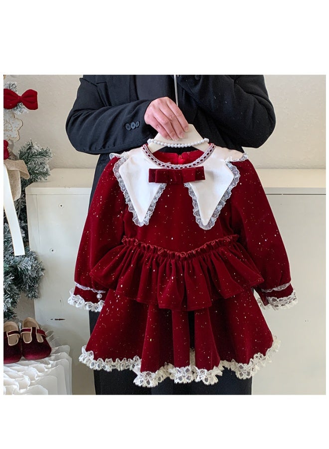 Girls' Autumn and Winter  Shiny Velvet Korean Thickened Fleece-lined New Year Princess Dress - Image 4
