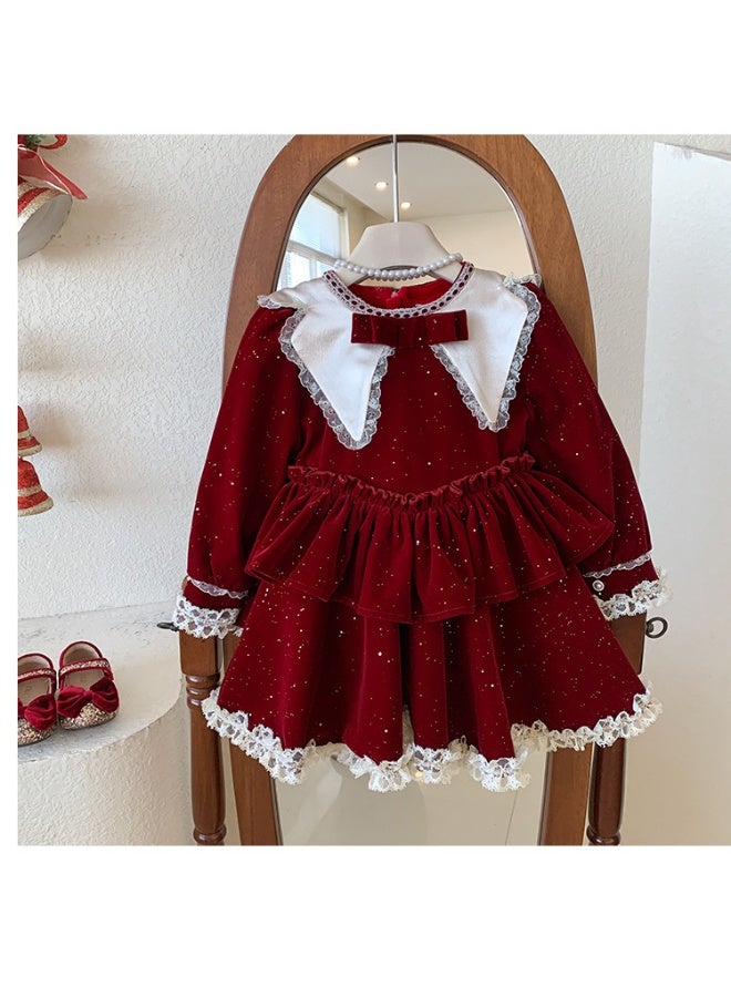 Girls' Autumn and Winter  Shiny Velvet Korean Thickened Fleece-lined New Year Princess Dress - Image 5