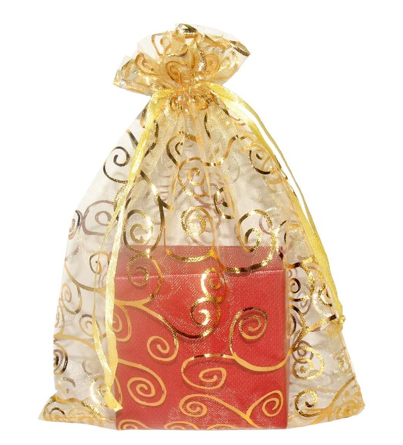 SUNGULF 100pcs Organza Pouch Bag Drawstring 6x8 Strong Gift Candy Bag Jewelry Party Wedding Favor Gold flower vine Print