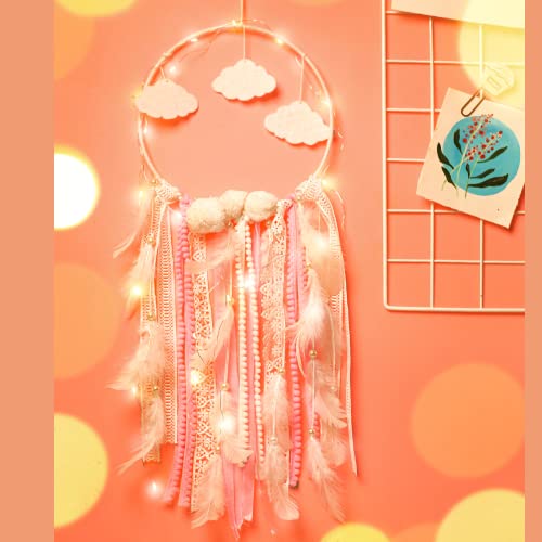 Rooh Dream Catcher ~ Pink Clouds with LED Lights ~ Handmade Hangings for Positivity (Can be Used as Home Decor, Gift, Wall Hangings, Meditation Room, Yoga Temple, Wind Chime & Feather Car Hanging) - Image 1