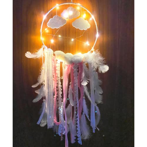 Rooh Dream Catcher ~ Pink Clouds with LED Lights ~ Handmade Hangings for Positivity (Can be Used as Home Decor, Gift, Wall Hangings, Meditation Room, Yoga Temple, Wind Chime & Feather Car Hanging) - Image 2