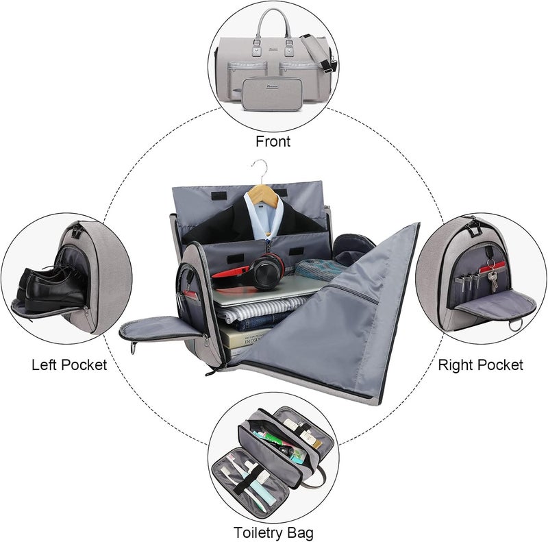 Modoker Convertible Garment Bag with Toiletry Bag, Carry on Garment Duffel Bag for Men Women - 2 in 1 Hanging Suitcase Suit Travel Bags, Light Grey - Image 3