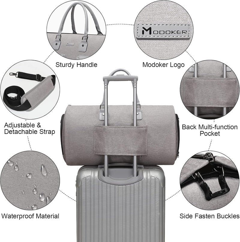 Modoker Convertible Garment Bag with Toiletry Bag, Carry on Garment Duffel Bag for Men Women - 2 in 1 Hanging Suitcase Suit Travel Bags, Light Grey - Image 4