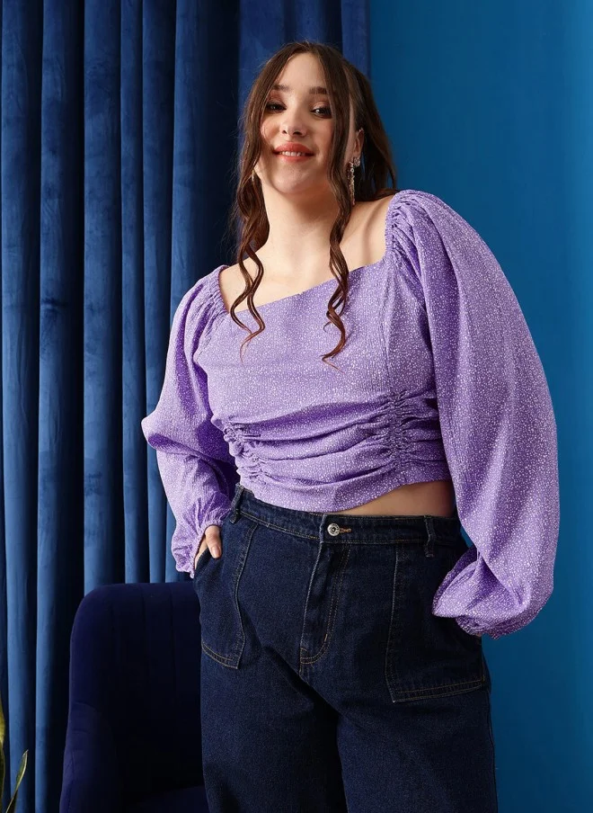 CURVY STREET Lavender Abstract Printed Ruched Top for Women