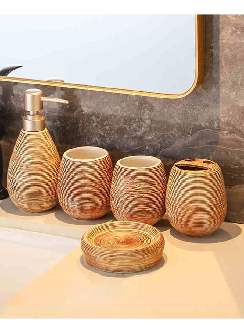 JiFENG مجموعة إكسسوارات حمام خزفية 5 قطع (موزع صابون، صحن صابون، حامل فرش أسنان وكوبين) - ديكور عصير لطاولة الحمام - Image 1