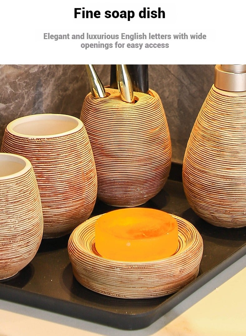 JiFENG مجموعة إكسسوارات حمام خزفية 5 قطع (موزع صابون، صحن صابون، حامل فرش أسنان وكوبين) - ديكور عصير لطاولة الحمام - Image 5
