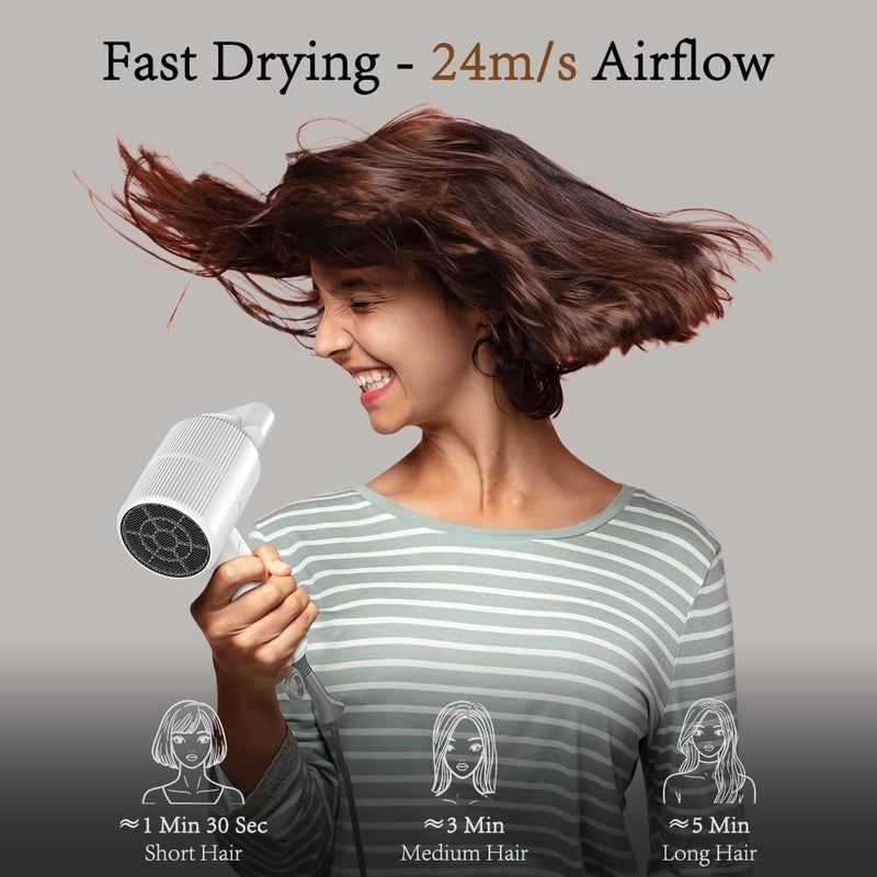 Oxsaytee Ionic Hair Dryer with Diffuser 250g Lightweight Professional Salon Hair Blow Dryer Foldable Design Negative Ion Professional Travel Hair Dryer with 1 Pouch Low Noise Hairdryer (White) - Image 3