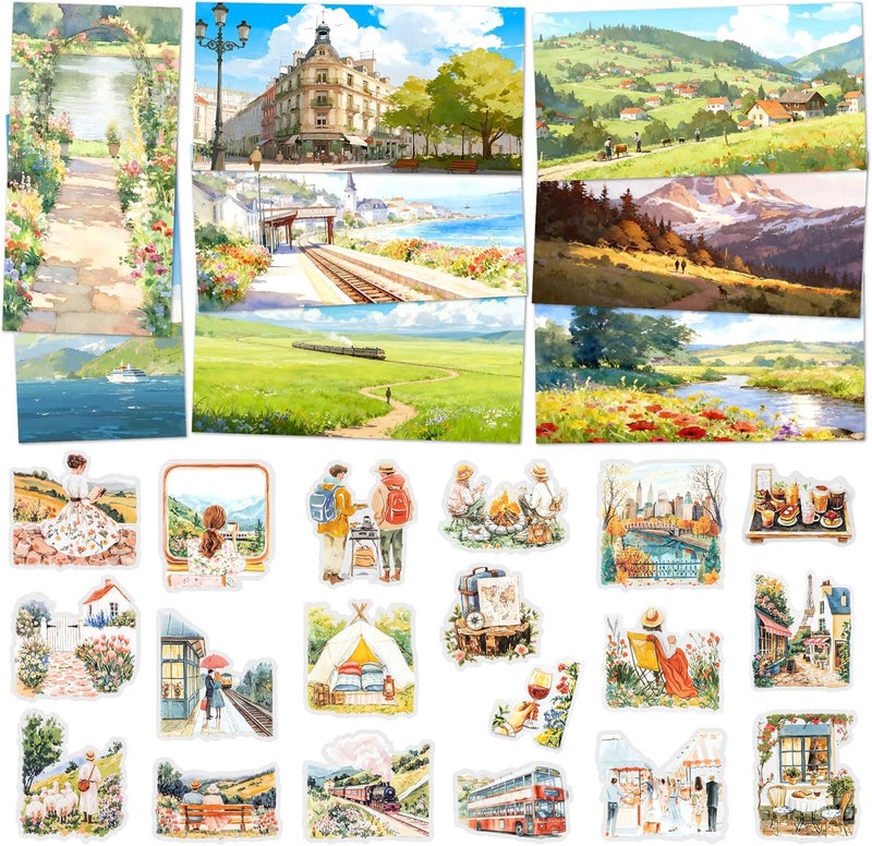 Mayplous Vintage Collage Kit - 4 Sets PET Landscape Stickers & 16 Retro Natural Papers, Travel Theme Camping City Country Decoration for Scrapbooking, Junk Journal, Diary & DIY Craft Projects (Sunny) - Image 1