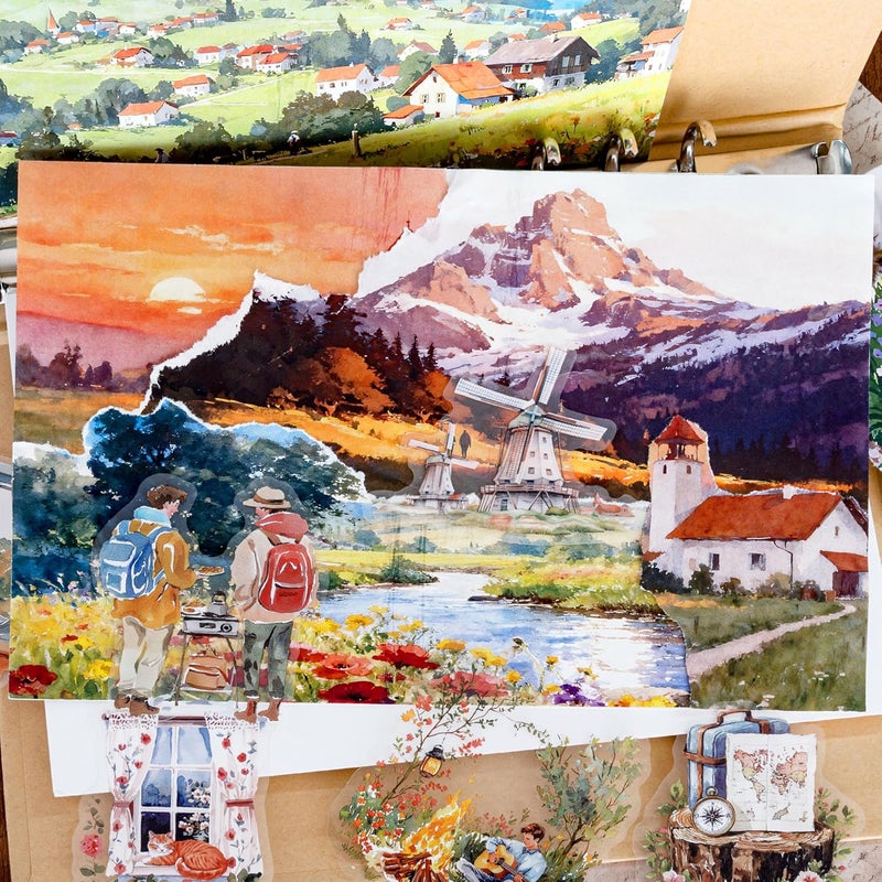 Mayplous Vintage Collage Kit - 4 Sets PET Landscape Stickers & 16 Retro Natural Papers, Travel Theme Camping City Country Decoration for Scrapbooking, Junk Journal, Diary & DIY Craft Projects (Sunny) - Image 5