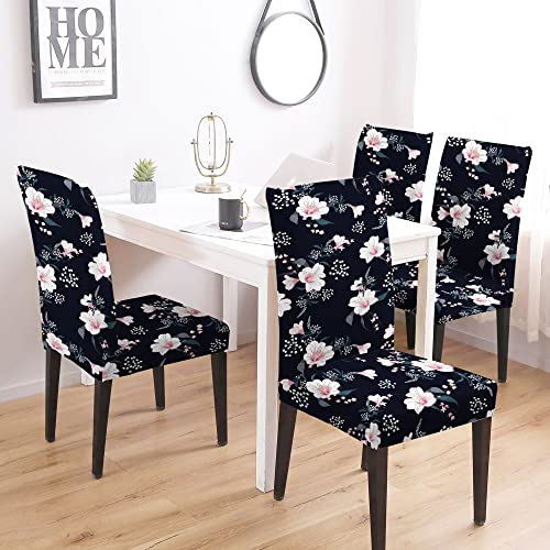 BRIDA® Polyester Spandex Stretchable Floral Geometric Printed Dining Chair Covers Elastic Chair Seat Case Protector, Slipcovers (4 Chair Cover, Black Flowers) - Image 2