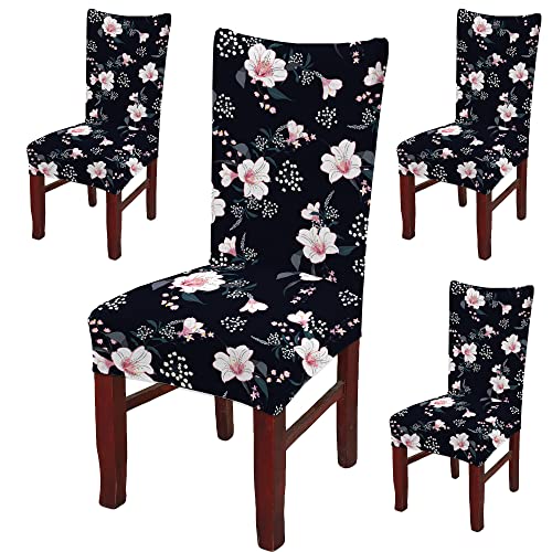 BRIDA® Polyester Spandex Stretchable Floral Geometric Printed Dining Chair Covers Elastic Chair Seat Case Protector, Slipcovers (4 Chair Cover, Black Flowers) - Image 1