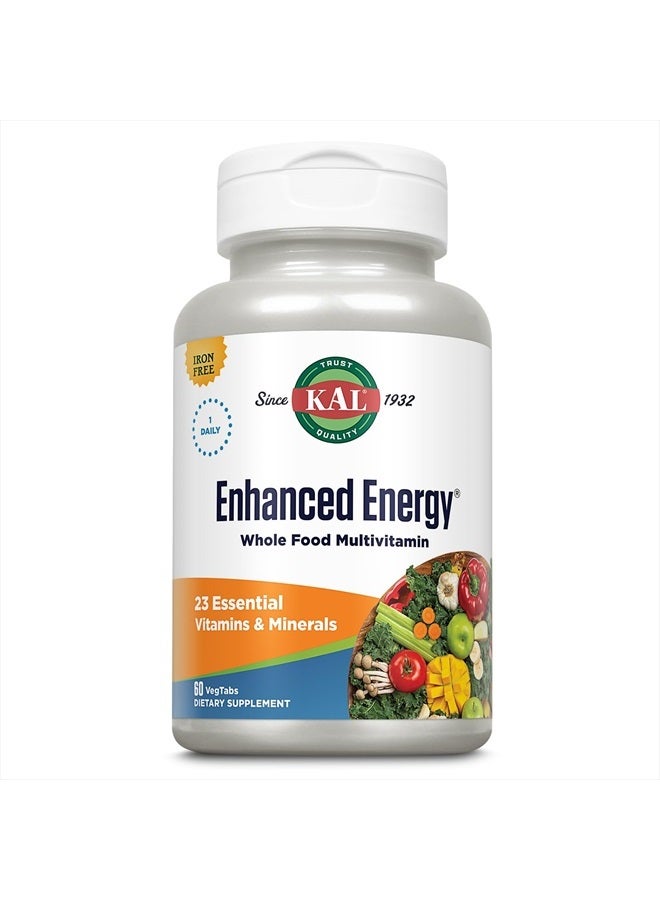 KAL Enhanced Energy Supplements, Once Daily Whole Food Multivitamin for Women and Men, Iron Free, 23 Essential Vitamins, Minerals, Super Foods, Digestive Enzymes, 60-Day Guarantee, 60 Serv, 60 VegTabs - Image 1