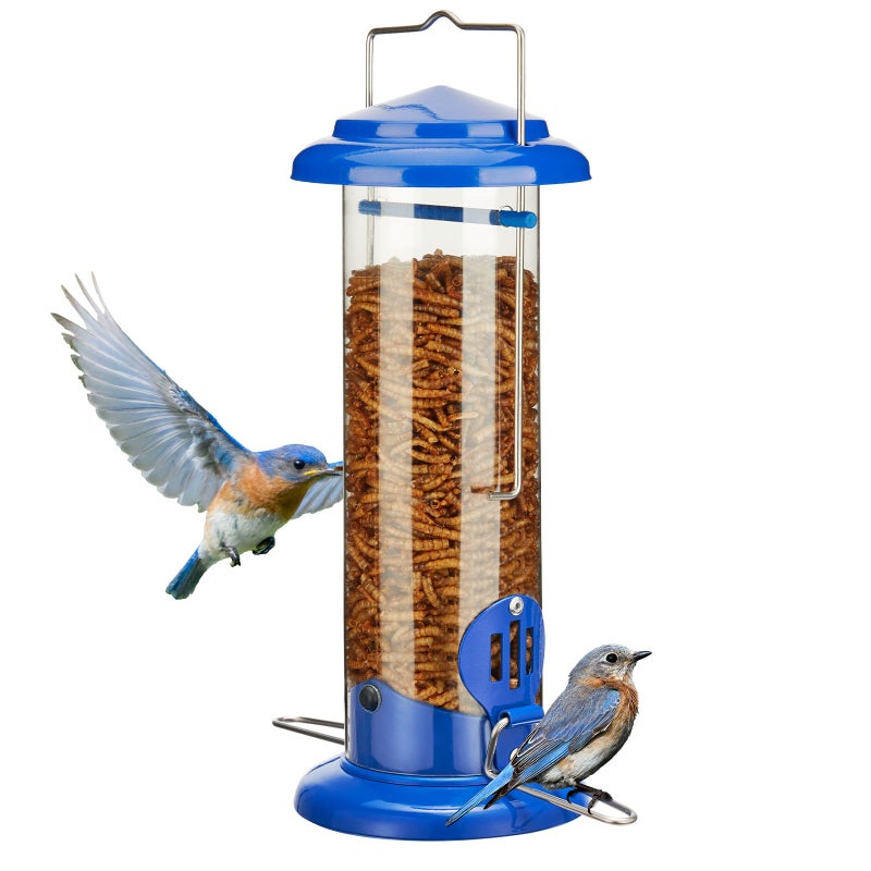 Kingsyard Upgraded Bluebird Feeder for Outdoors Hanging, Metal Mealworm Tube Bird Feeder with Widen Perch for Wild Birds, Squirrel Chew Proof, Easy to Refill & Clean(Blue) - Image 1